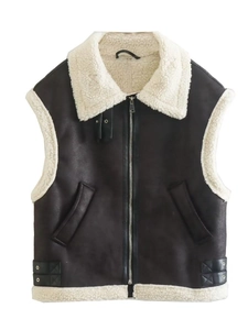 Women's vintage shearling vest in dark brown faux suede with white lamb wool trim and zipper