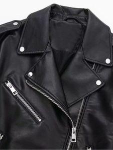 Y2K punk style black faux leather biker jacket with silver rivets and metal zippers