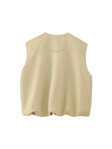 Y2K streetwear beige utility vest for women featuring a minimalist racerback design