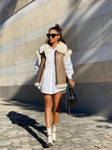 Women's vintage shearling vest in brown suede with oversized collar and front zipper