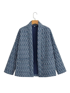 Women's Y2K Ethnic Quilted Jacket Geometric Floral Printed Puffer Coat Vintage Loose Open Front Padded Streetwear Outerwear
