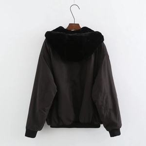 Back view of a black Y2K hooded bomber jacket with faux fur lining and ribbed cuffs