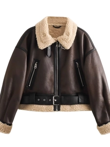 Women Vintage Y2K Moto Shearling Jacket Faux Leather Sherpa Lined Aviator Coat Warm Brown Beige Short Outerwear With Belt