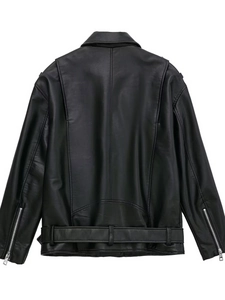 Back view of a black Y2K faux leather biker jacket with multiple zippers and adjustable belt