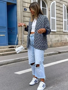 Women Y2K ethnic quilted navy jacket with white patterns and street fashion style