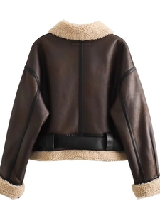 Back view of a vintage Y2K brown faux leather shearling jacket with white fur trim