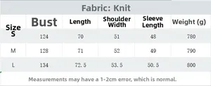 Detailed size chart for Y2K long sleeve knit sweater showing S, M, L measurements