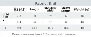 Detailed size chart for women's knit cardigan showing measurements and weight specs