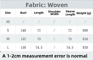 Detailed size chart for the oversized Y2K coat showing chest and length measurements