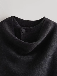 Short knit cardigan with asymmetric scarf collar and wool-like texture in dark grey