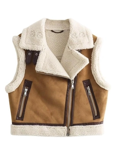 Gilet Vintage Y2K pour Femmes en Imitation Daim Fausse Toison Veste Sans Manches Motard Revers Fermeture Éclair Asymétrique Gilet Automne Hiver Manteau Chaud