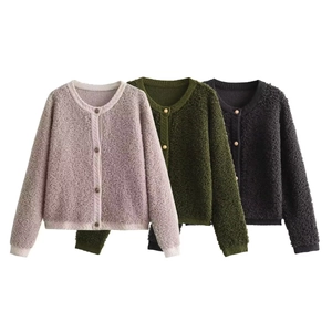 Women's fluffy knit buttoned cardigan in lavender, dark green and black textured wool