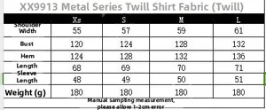 Detailed size guide table for Y2K minimalist poplin shirt with asymmetric hem and metal trim