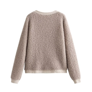 Back view of women's round neck knit cardigan in mauve brown with ribbed trim detail