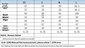 Size chart for Y2K velvet dress detailing bust waist and hip measurements in cm