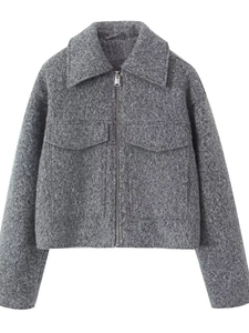 Women Vintage Grey Bouclé Tweed Crop Jacket Elegant Lapel Long Sleeve Zip Up Outerwear With Pockets Casual Fashion Coat