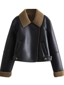 Veste de Moto en Similicuir Y2K pour Femme Marron Garniture Fausse Peau de Mouton Manteau Biker Vintage Noir PU Cuir Chaud