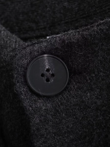 Detailed close-up of a matte four-hole button on thick dark grey wool knit fabric