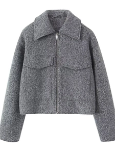 Women's dark gray cropped tweed jacket with metal zipper and large flap pockets