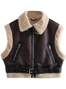 Damen Y2K Kunstleder Moto Weste Fleece Gefüttert Lammfell-Imitat Ärmellose Jacke Mit Gürtel Herbst Streetwear Fashion Outwear