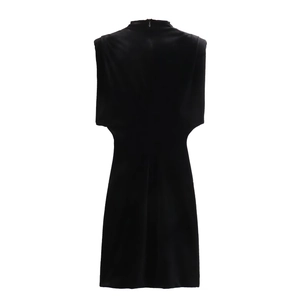Slim fit Y2K black sleeveless velvet dress with high neck and back zipper detail