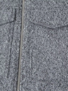 Women's grey tweed jacket with silver zipper closure and textured fleece detail