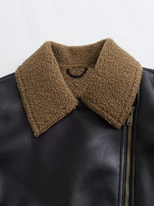 Veste de motard Y2K en similicuir noir avec col en peau de mouton marron et zip
