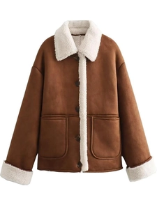Women Vintage Faux Suede Sherpa Lined Jacket Lapel Single Breasted Warm Coat With Pockets Brown White Outerwear Streetwear