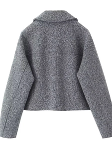 Dark grey tweed jacket for women featuring a cropped cut and textured wool blend fabric