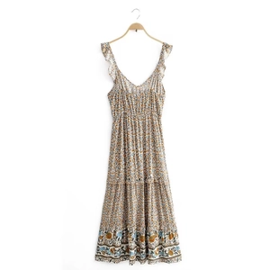 Floral print V-neck dress with ruffled straps and tiered skirt on wooden hanger