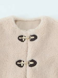 Y2K round neck fleece jacket in beige with premium spring metal buckle detail