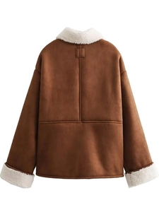Back view of brown faux suede Y2K jacket with warm white shearling collar and trim