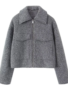 Dark grey tweed jacket with lapel collar, metal zipper, and dual chest flap pockets