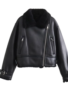 Giacca da Donna Integrata in Ecopelle e Pelliccia Revers Manica Lunga Streetwear Ampio Autunno Inverno Calda Giacca Spessa