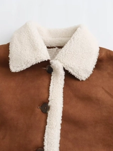 Brown suede jacket with white fleece lapel collar and button detail for women