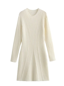 Robe Longue en Tricot Côtelé Rétro Français à Col Rond et Manches Longues pour Femmes Couleur Unie Décontractée Ample Robe Pull Automne Hiver