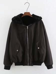Women's black Y2K hooded bomber jacket with thick faux fur lining and silver hardware details