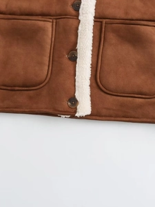 Brown faux suede jacket with lamb wool trim, large buttons, and dual pockets detail