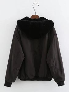 Women's black reversible Y2K hooded bomber jacket with thick plush lining