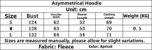 Size chart for Y2K oversized sweatshirt with diagonal buttons and fleece fabric data