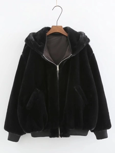 Women's Y2K oversized black faux fur aviator jacket with zipper and ribbed trim