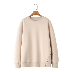 Women's Y2K Oversized Crew Neck Sweatshirt Long Sleeve Pullover With Slanted Button Hem Fleece Lined Solid Color Top