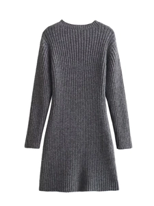 Robe en maille côtelée Y2K à manches longues de couleur gris anthracite foncé
