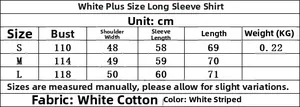 Size chart table for Y2K oversized white long-sleeve cotton shirt with stripe detail