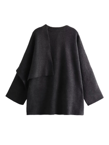 Y2K minimalist dark grey asymmetrical knit cardigan with wrap scarf detail and long sleeves