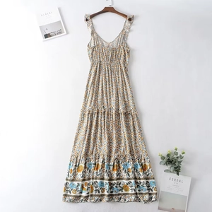 Bohemian floral sundress with ruffle straps and tiered chiffon skirt in vintage yellow