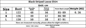 Size chart for striped oversized cotton shirt detailing S, M, and L measurements in cm