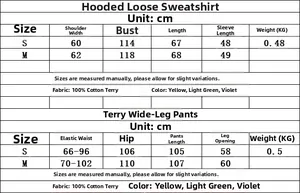 Tableau des tailles pour l'ensemble hoodie oversize Y2K et pantalon large en pur coton