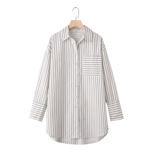Women's Striped Button Up Shirt Casual Long Sleeve Cotton Blouse Loose Fit Oversized Lapel Top With Pocket Streetwear