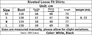 Detailed size chart for the oversized poplin shirt in centimeters and 100% cotton fabric
